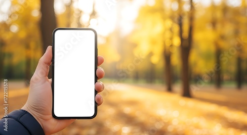 Hand holding smartphone with blank white screen in autumn park presenting mobile app or website with golden foliage background and sunny weather