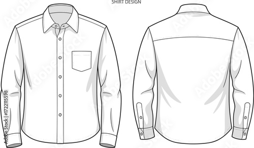 Men’s formal shirt front and back view technical flat sketch, fashion design vector template, long sleeve button shirt apparel illustration