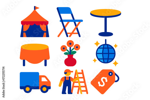 Party Rental Icons. Flat vector icons of party rentals: marquee tent, folding chair, round table; linen cloth, centerpiece vase,