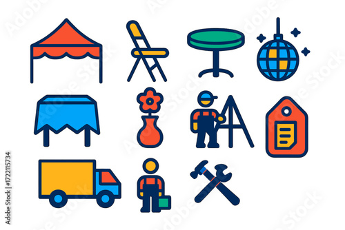 Party Rental Icons. Flat vector icons of party rentals: marquee tent, folding chair, round table; linen cloth, centerpiece vase,