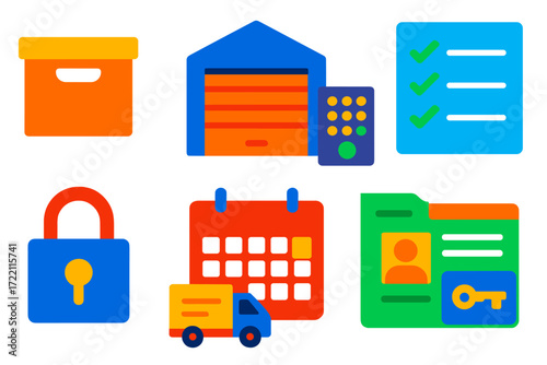 Storage Rental Icons. Flat vector icons of storage unit rentals: storage box, warehouse locker, keypad door; inventory list, lock