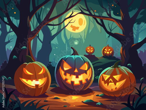 Glowing jack-o-lantern pumpkins with spooky carved faces in dark haunted forest background
