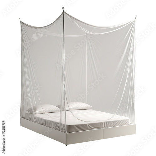White canopy bed net, studio shot, clean background, insect protection
