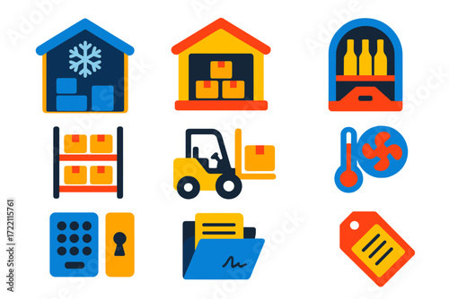 Storage Space Icons. Flat vector icons of storage space rentals: cold storage, dry warehouse, wine cellar; pallet rack, forklift,