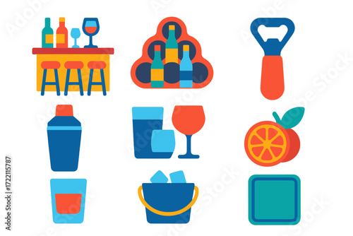 Modern Home Bar Icons. Flat vector icons of home bar interiors: bar counter, bar stools, wine rack; bottle opener, cocktail shaker