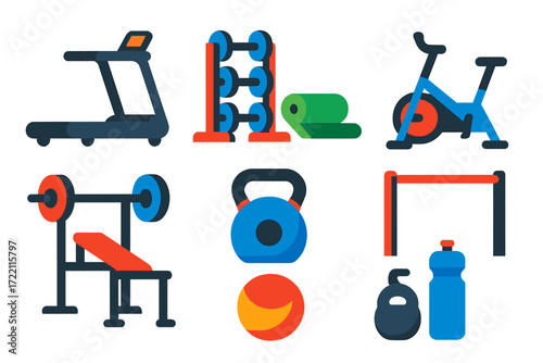 Home Gym Icons. Flat vector icons of home gym interiors: treadmill, dumbbell rack, yoga mat; exercise bike, bench press, medicine