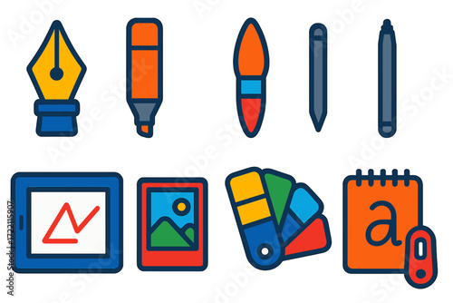 Art Tools Icons. Flat vector icons of illustration tools: ink pen, marker, watercolor brush, digital stylus, lightbox, reference