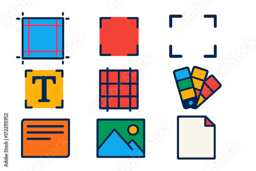 Print Design Icons. Flat vector icons of print design elements: margin guides, bleed marks, crop marks, typography block, grid