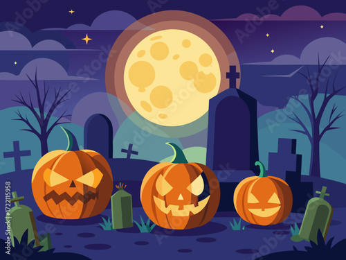 Scary carved pumpkin lanterns glowing on graveyard tombstones under full moon night