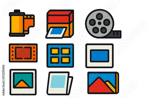 Vibrant Film Media Icons. Flat vector icons of film media: roll film, instant film pack, film reel, negatives, contact sheet,
