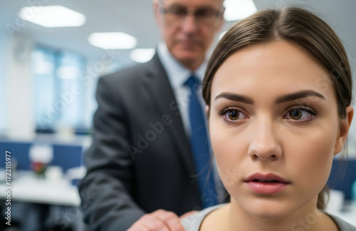 Uncomfortable Young Woman Experiencing Workplace Harassment by Male Colleague

