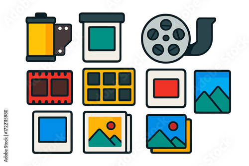 Vibrant Film Media Icons. Flat vector icons of film media: roll film, instant film pack, film reel, negatives, contact sheet,