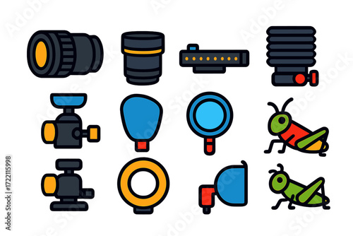 Macro Photography Icons. Flat vector icons of macro photography: macro lens, extension tube, focus rail, bellows, tripod head,