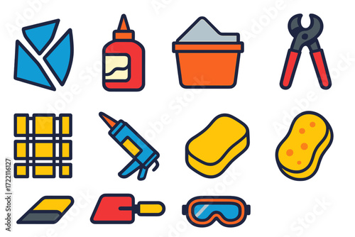 Mosaic Tile Tools. Flat vector icons of mosaic tile art: glass shard, adhesive, grout, tile nipper, mesh backing, sealant, sponge,