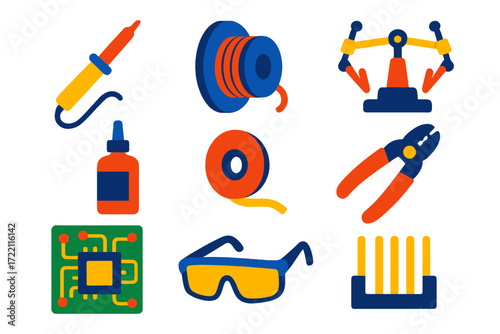 Soldering Tools Icons. Flat vector icons of soldering crafts: soldering iron, solder wire, helping hands, flux bottle, solder wick