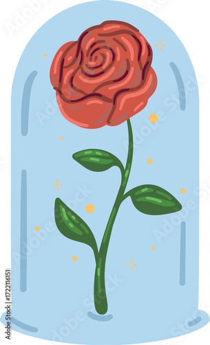 Red rose under a blue glass dome with sparkles