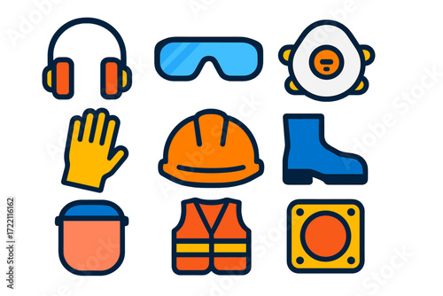 Safety Gear Icons. Flat vector icons of power tool safety: ear muffs, safety goggles, dust mask, work gloves, hard hat, safety