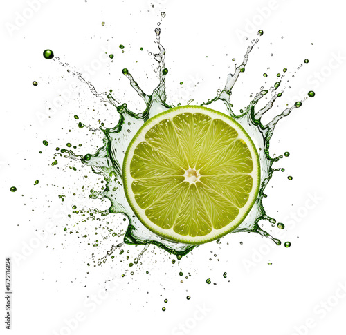 Lime slice splash, water droplet burst, dark background, food advertising