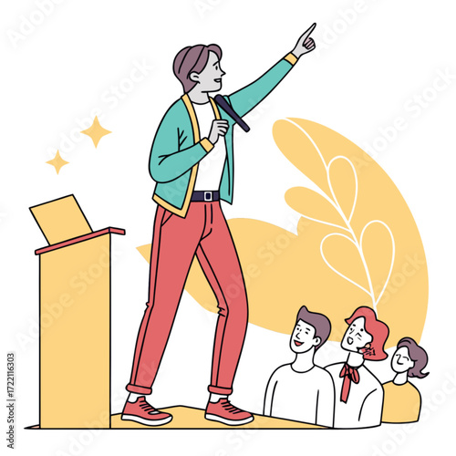 Confident Speaker Delivering a Speech with Audience Illustration.
