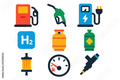 Fuel System Icons. Flat vector icons of car fuel systems: petrol pump, diesel nozzle, EV charger, hydrogen cell, LPG tank, CNG