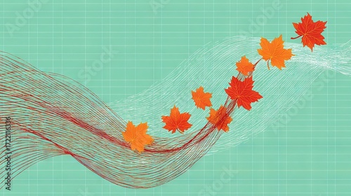   Line of leaves on blue background with green rectangle in center