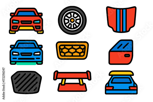 Car Parts Icons. Flat vector icons of car customization parts: body kit, alloy wheel upgrade, racing stripes, neon underglow,