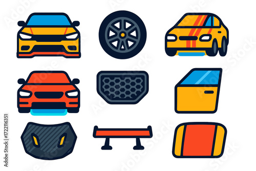 Car Parts Icons. Flat vector icons of car customization parts: body kit, alloy wheel upgrade, racing stripes, neon underglow,
