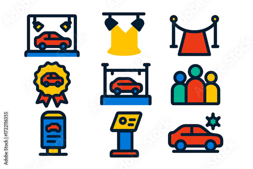 Car Show Icons. Flat vector icons of car event and show: showroom stage, spotlight, red carpet, prize ribbon, exhibition stand,