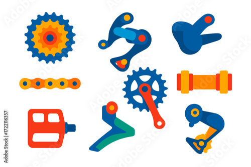 Bicycle Drivetrain Icons. Flat vector icons of drivetrain elements: cassette, derailleur, shifter, chain, crankset, bottom bracket