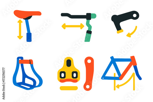 Modern Bike Fitting Icons. Flat vector icons of bike fitting: saddle height, handlebar reach, stem angle, toe clips, cleats, crank