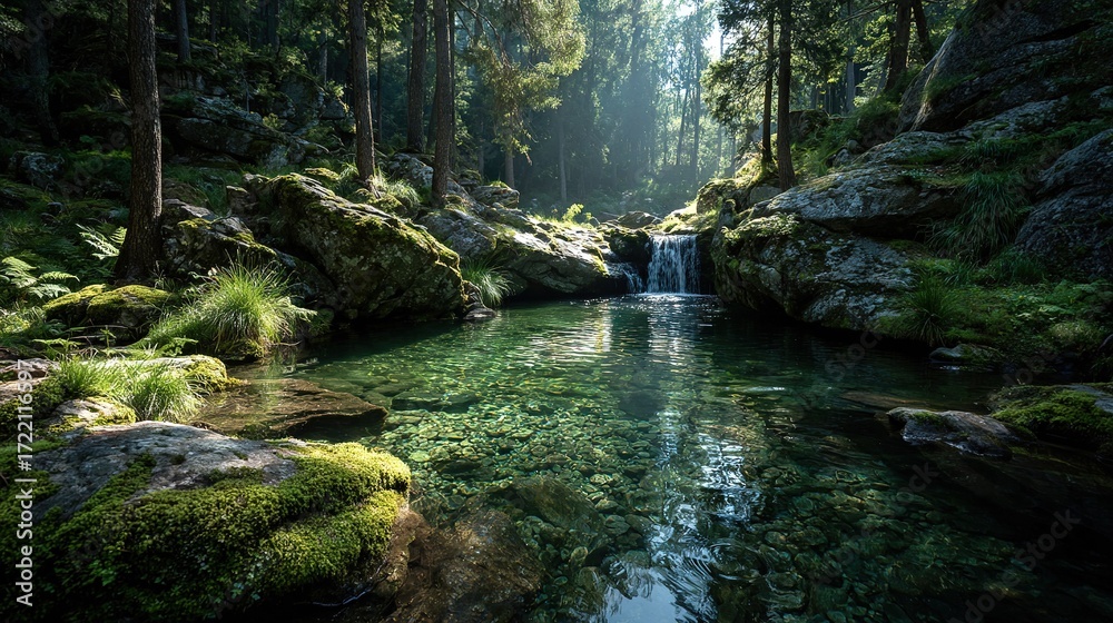 Naklejka premium A lush green forest with a flowing stream and verdant foliage surrounding a waterfall cascading onto rocks