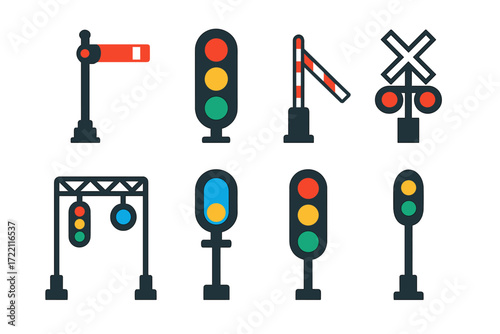 Vibrant Signal Icons. Flat vector icons of signaling devices: semaphore signal, color light signal, level crossing gate, signal