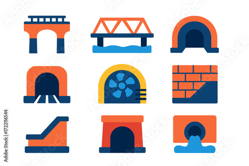 Bridge and Tunnel Icons. Flat vector icons of bridge and tunnel: railway bridge, truss bridge, arch bridge, tunnel entrance,
