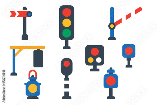 Vibrant Signal Icons. Flat vector icons of signaling devices: semaphore signal, color light signal, level crossing gate, signal