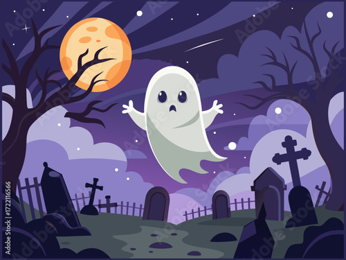 Scary ghost with glowing eyes flying over graveyard tombstones at night