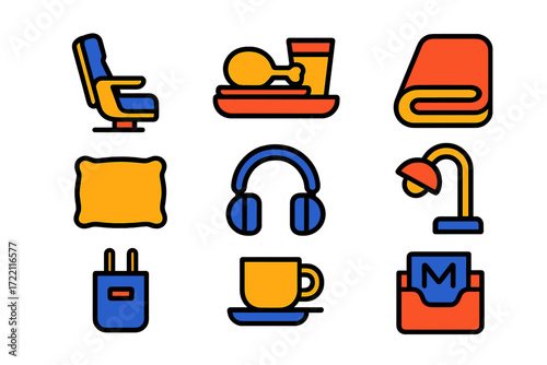 Passenger Amenity Icons. Flat vector icons of passenger amenities: reclining seat, in-flight meal, blanket, pillow, headphone set,