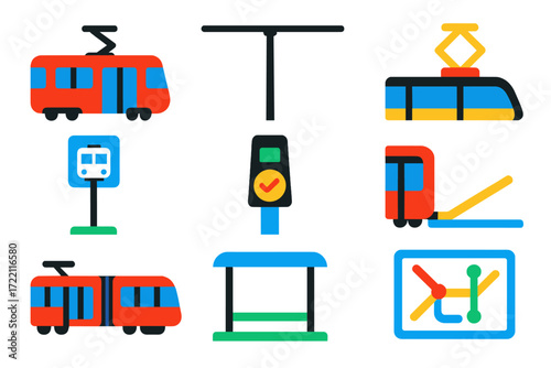 Modern Tram Icons. Flat vector icons of tram and light rail: tram car, overhead wire, pantograph, tram stop, ticket validator, low