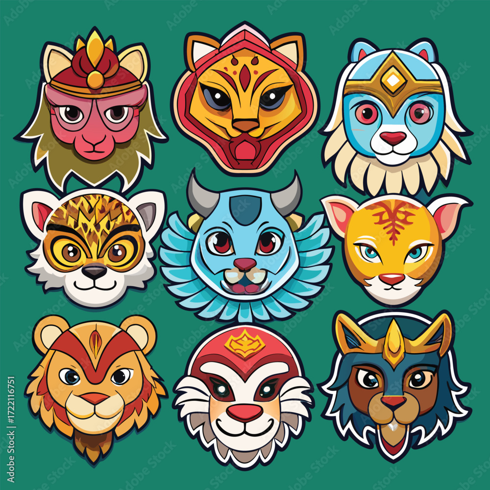 Fototapeta premium Nine stylized animal head illustrations vibrant colors designs nine stylized