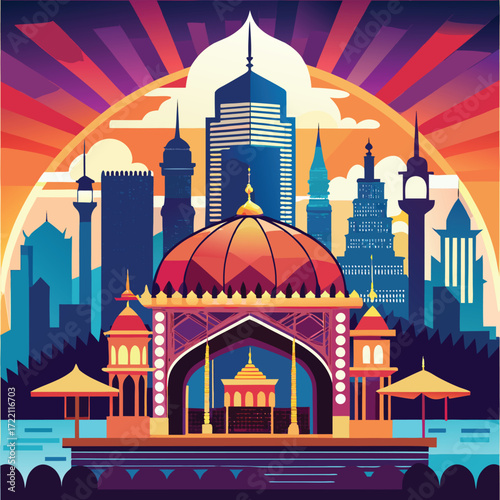 Vibrant Cityscape Sunset Modern Architecture Islamic Design vibrant cityscape sunset