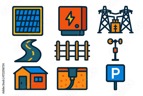 Colorful Solar Farm Icons. Flat vector icons of solar farm layout: field map, inverter station, substation, access road, fencing,