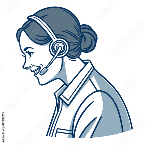 Professional Smiling Woman in Profile Wearing a Headset with Microphone Customer Service Illustration.