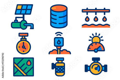 Solar Irrigation Icons. Flat vector icons of solar-powered irrigation: panel pump unit, water reservoir, drip line, timer valve,