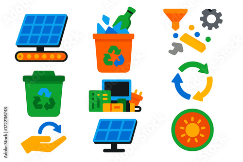 Solar Recycling Icons. Flat vector icons of solar recycling: panel shredder, glass separation, metal sorting, plastic recycling