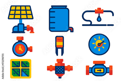 Solar Irrigation Icons. Flat vector icons of solar-powered irrigation: panel pump unit, water reservoir, drip line, timer valve,