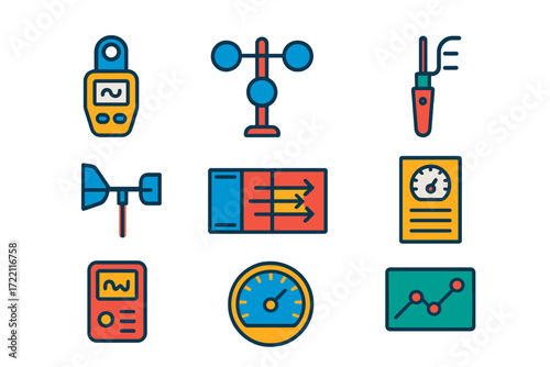 Wind Measurement Icons. Flat vector icons of wind speed measurement: digital anemometer, cup anemometer, hot-wire probe, vane