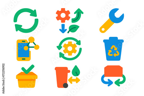 Circular Economy Icons. Flat vector icons of circular economy: loop arrows, resource exchange, repair icon, share platform,