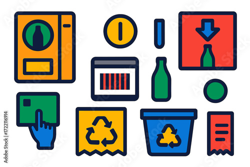 Reverse Vending Icons. Flat vector icons of reverse vending: bottle return machine, coin slot, deposit chute, touchscreen display,