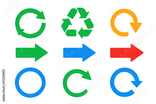Recycling Icons Set. Flat vector icons of recycling symbols: circular arrows, three-arrow triangle, looped arrows, green arrow,