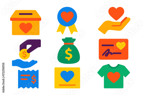 Charity Donation Icons. Flat vector icons of donation drives: collection box, charity badge, donor hand, coin drop, money bag,