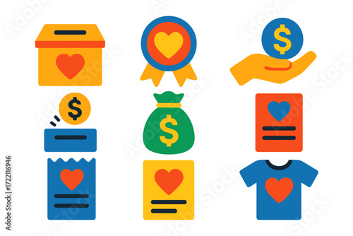 Charity Donation Icons. Flat vector icons of donation drives: collection box, charity badge, donor hand, coin drop, money bag,